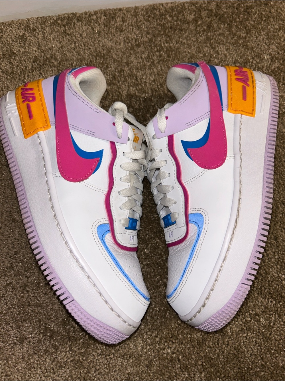 Nike women’s 8.5 Air Force 1 lowtop colorblock— White Pink Blue Yellow